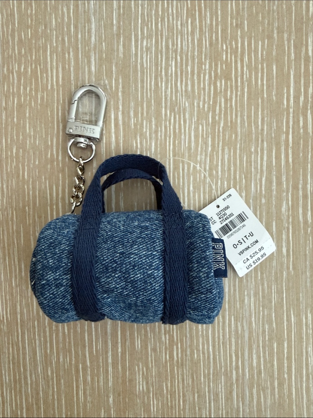 PINK Victoria's Secret Denim Mini Pouch Silver Metal Keychain Clip with Chain - Picture 2 of 8